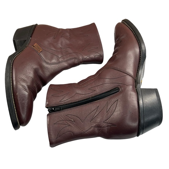 Long Haul Brown Inside Zip Western Leather Embroidered Short Boots Men's 8.5 - Picture 5 of 15